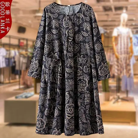 加肥加大码中老年女装长袖棉麻连衣裙洋气时尚妈妈花色中长款上衣商品大图