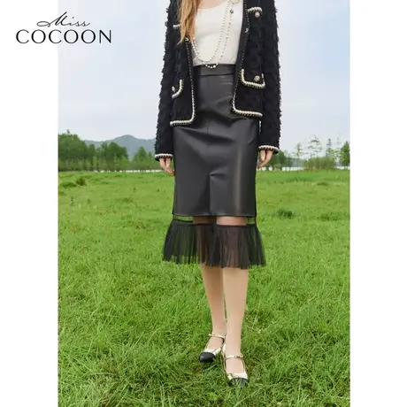 MISSCOCOON法式网纱拼接皮裙24春装新款女鱼尾半身裙图片