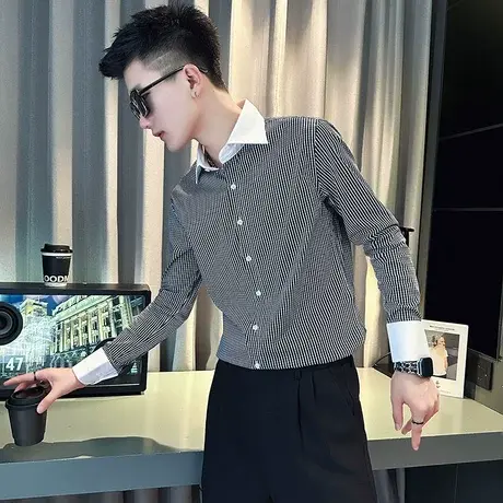 2023春秋季新款条纹长袖衬衫男设计感韩版撞色领口修身发型师衬衣图片