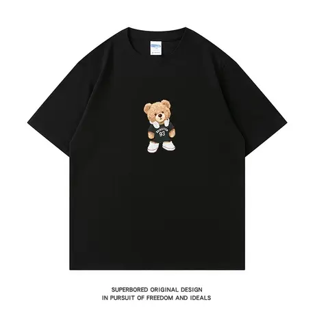 夏季美式休闲简约小熊印花纯棉短袖T恤男宽松休闲半袖上衣体恤商品大图