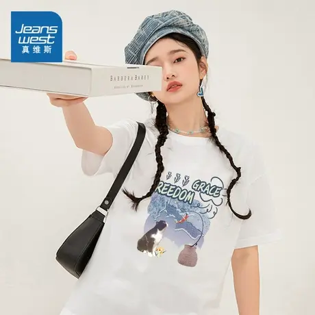 ZR真维斯短袖T恤女 夏季 宽松薄款可爱猫咪印花甜美打底衫商品大图