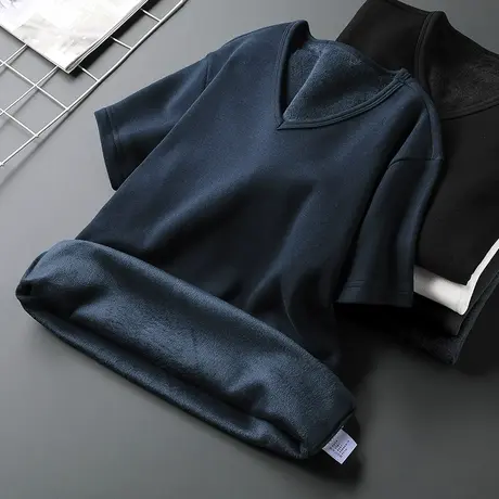 短袖t恤男V领纯色秋冬季潮牌潮流修身加绒加厚保暖半袖内搭打底衫商品大图