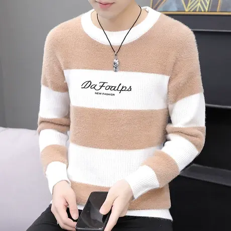 秋冬男士貂绒衫圆领套头毛绒衫大码加厚貂毛毛衣男毛绒针织打底衫商品大图