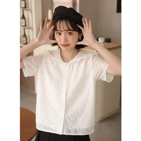 尔给日系娃娃领短袖衬衫女夏季小个子茶歇法式甜美独特别致小上衣图片