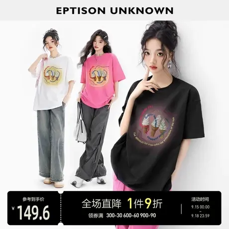 EPTISON短袖T恤女2023年夏季新款宽松美式复古休闲减白色纯棉上衣商品大图