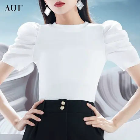 AUI白色小众泡泡袖针织短袖女2023夏新款设计感气质修身百搭上衣商品大图