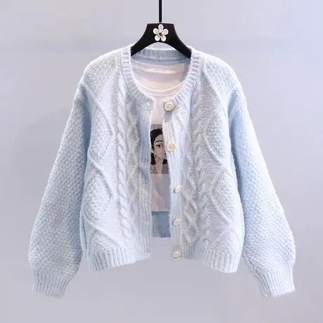 软奶蓝麻花毛衣外套女秋冬2023年新款宽松慵懒风复古港味针织开衫图片