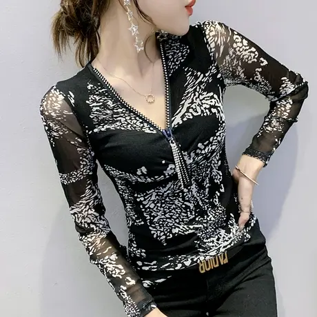 女装2024新款潮性感V领拉链T恤女长袖时尚网纱上衣洋气百搭打底衫商品大图