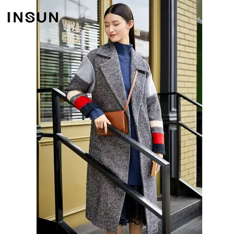 INSUN恩裳冬季撞色条纹羊毛过膝毛呢大衣图片