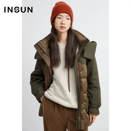 INSUN恩裳冬季三防拼接连帽鹅绒羽绒服商品大图