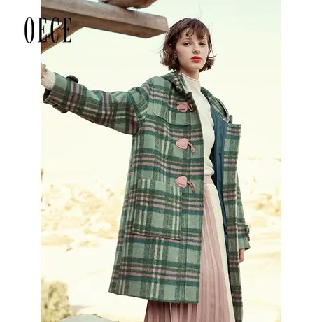 Oece复古牛角扣呢子大衣冬新款女中长款格子毛呢外套图片
