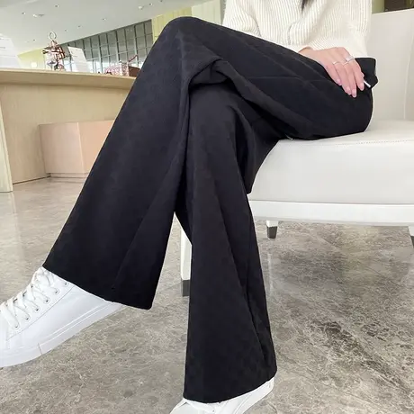 黑色加绒针织阔腿裤女秋冬2023新款高腰垂感棋盘格子休闲拖地裤子商品大图