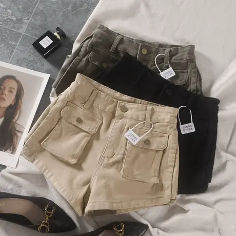韩版大口工装短裤女2023春夏新款弹力显瘦百搭高腰牛仔阔腿辣妹裤商品大图