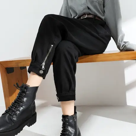 加绒黑色牛仔裤女直筒宽松秋冬加厚小个子高腰显瘦工装哈伦老爹裤商品大图