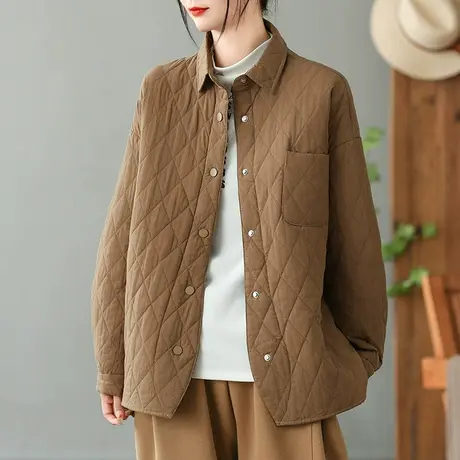 dza 复古翻领菱格棉衣女2023冬季新款宽松棉服外套女休闲短款棉袄图片