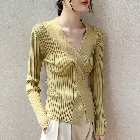 歌倍尚交叉设计感V领长袖针织衫女2023秋冬新品修身显瘦洋气上衣商品大图