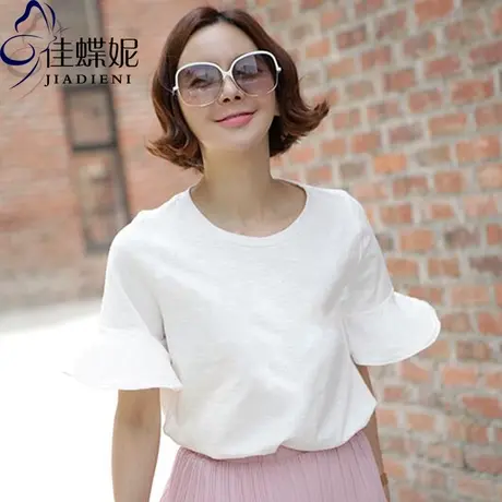 夏季明星同款宽松圆领短袖白色纯棉荷叶边简约T恤喇叭袖打底衫女商品大图