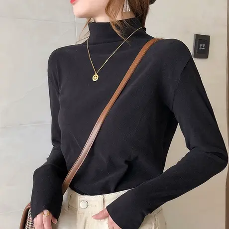 黑色德绒半高领打底衫女秋冬季2022新款洋气内搭修身长袖大码上衣商品大图