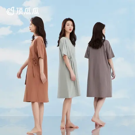 顶瓜瓜纯色抽绳连衣裙睡裙女夏圆领套头薄款可外穿家居服图片