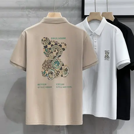 潮网红小熊字母印花翻领短袖T恤男士修身棉质半袖体恤新款POLO衫商品大图