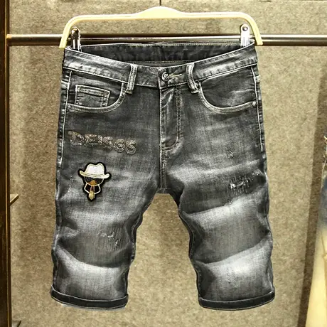 潮牌破洞牛仔短裤男款修身韩版马裤高街痞帅字母烫钻五分裤男夏季商品大图