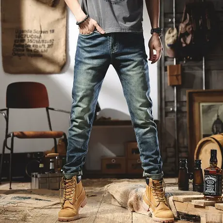 夏季新款复古怀旧牛仔裤男潮牌修身小脚弹力潮流韩版百搭高端裤子商品大图