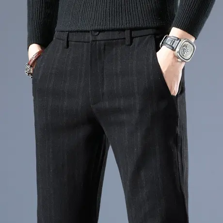 秋冬季毛呢商务正装西裤男士休闲长裤竖条纹男裤直筒宽松西装加厚图片