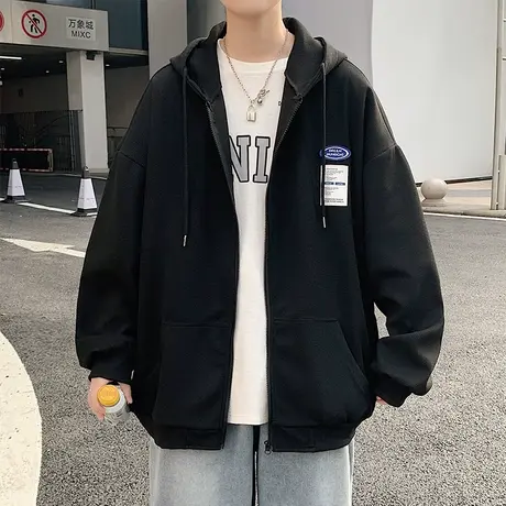 春季华夫格卫衣外套男开衫拉链上衣宽松连帽春秋款潮流夹克男学生商品大图