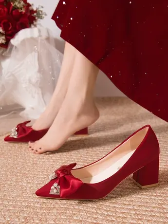 粗跟不累脚新娘鞋秀禾婚纱两穿蝴蝶结婚鞋女中式婚宴敬酒高跟单鞋商品大图