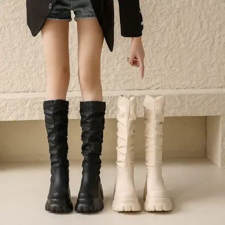 长筒靴女2023春秋新款小众设计感不过膝显瘦堆堆靴粗跟高跟骑士靴图片