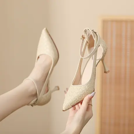 高跟鞋女2024春秋新款尖头细跟中空时尚一字带配裙子高级感单鞋女图片