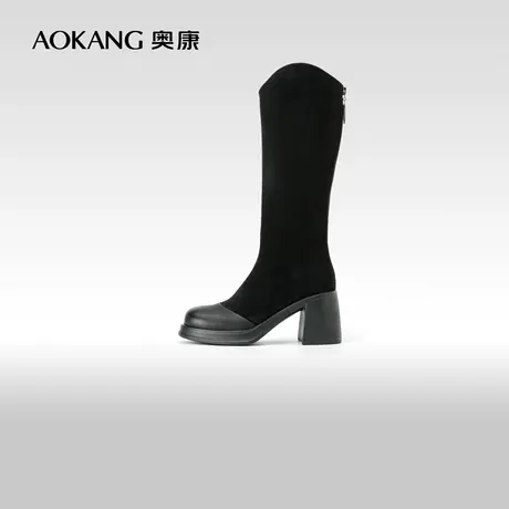 奥康女鞋 冬季新款拼接质感鞋面时装靴美拉德风不过膝骑士靴商品大图
