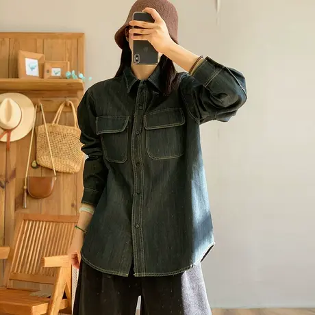 dza 复古加厚加绒衬衫外套女冬季外穿牛仔衬衣休闲宽松口袋上衣女图片
