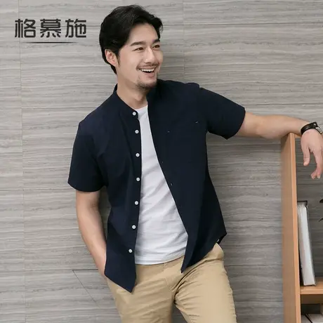 格慕施夏季男士竹节布短袖衬衫纯棉青年立领休闲衣服潮韩版衬衣寸商品大图