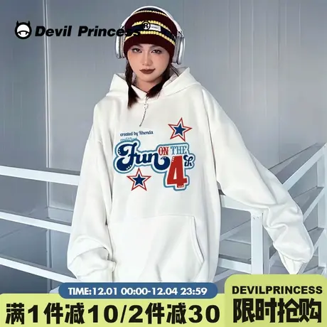 美式复古学院风高街潮牌白色连帽卫衣女2023秋冬新款宽松加绒上衣图片