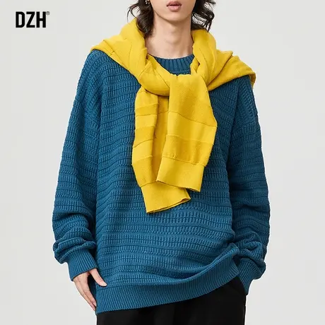 男士蓝色圆领毛衣男秋冬款2024新款内搭针织衫冬装高级感打底上衣商品大图