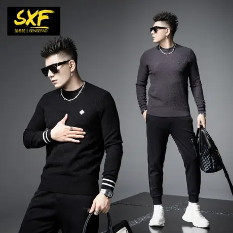 SXF圣希梵圆领毛衣男 2023冬季新款羊毛上衣格子提花潮男士针织衫商品大图