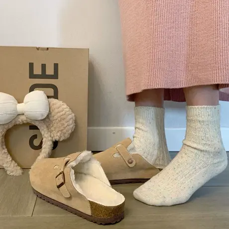 厚底加绒勃肯鞋2023秋冬新款包头半毛毛拖鞋女博肯鞋孕妇软底棉拖商品大图