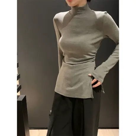 开叉下摆长袖T恤女冬季加绒加厚半高领打底衫修身内搭德绒上衣潮商品大图