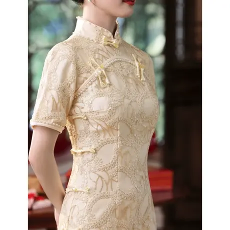 香槟色旗袍敬酒服2024新款新娘高级感订婚礼服女夏季蕾丝连衣裙商品大图