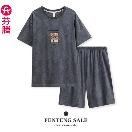 芬腾纯棉男士睡衣夏季薄款短袖短裤圆领套头全棉可外穿家居服套装商品大图