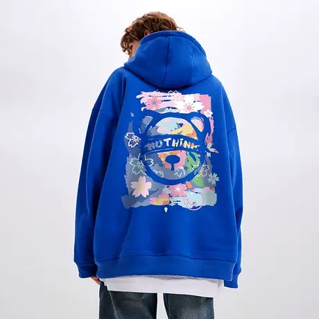 Nuthink带帽中性加肥加大可爱小熊卫衣男潮国潮宽松加绒帽衫冬季商品大图