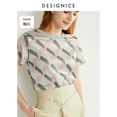 迪赛尼斯新款T恤直筒套头通勤复古气质圆领薄款针织短袖女士商品大图