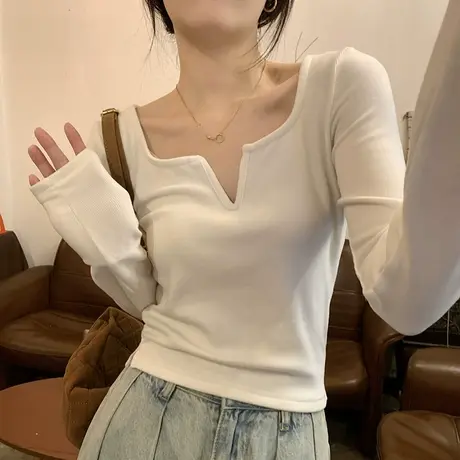 方领设计感打底衫女2023年新款春秋季修身显瘦内搭长袖t恤上衣服商品大图