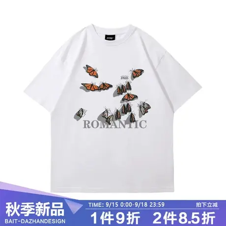 美式复古夏天卡通蝴蝶纯色短袖T恤学生百搭宽松vintage风半袖商品大图