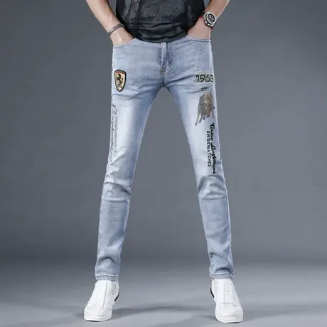 欧洲站夏季牛仔裤男修身小脚2024新款韩版潮牌烫钻刺绣男士裤子商品大图