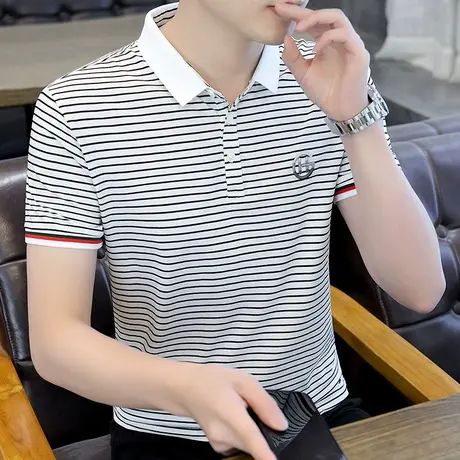 条纹polo衫男士潮流青年刺绣时尚休闲年轻爸爸装短袖T恤打底汗衫商品大图