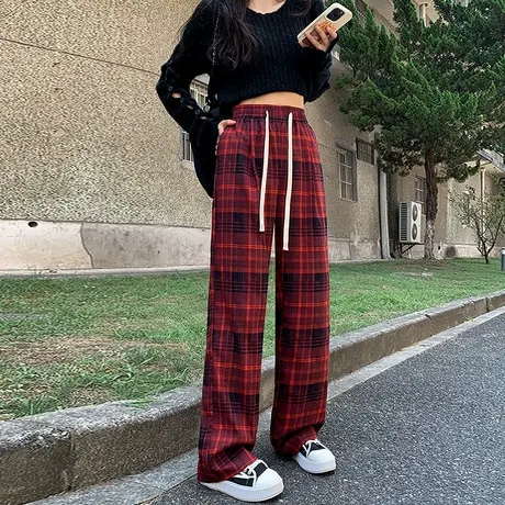 复古红色阔腿格子裤女春秋新款高腰宽松直筒休闲裤高街慵懒风长裤商品大图