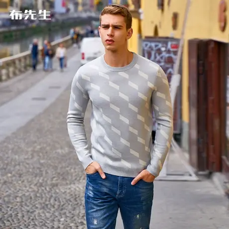 MrBu布先生新款休闲纯羊毛衫 男士圆领印花厚毛衣长袖T恤 BT10736商品大图