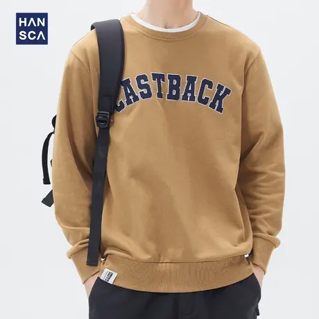 hansca重磅美式复古无帽卫衣男春秋圆领宽松潮牌刺绣套头运动上衣商品大图